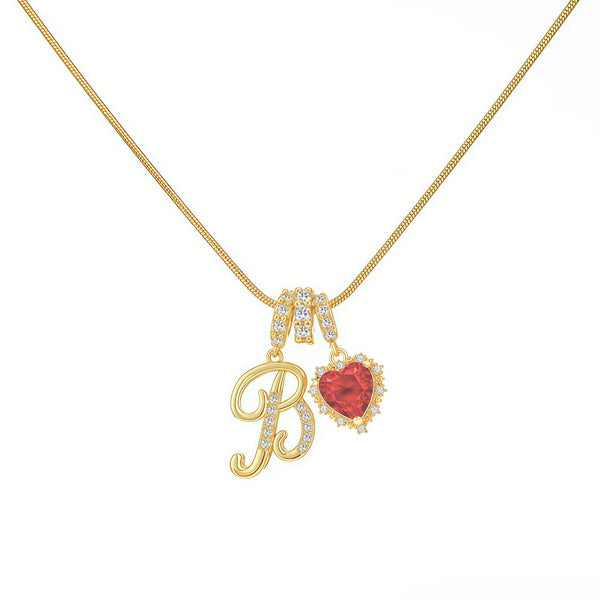  Ornate Script Initial & Red Heart Necklace in 18K Gold Plated - friendship necklace gift from Bestie Keepsake