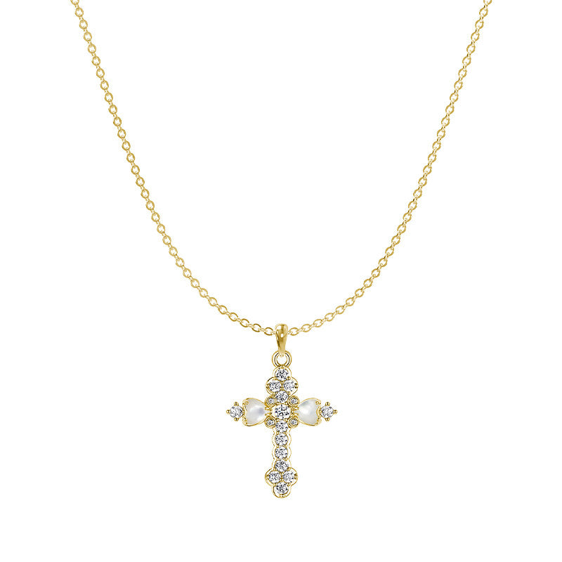  Ornate Petal Cross Pendant Necklace with Mother of Pearl - friendship necklace gift from Bestie Keepsake