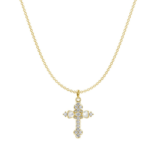  Ornate Petal Cross Pendant Necklace with Mother of Pearl - friendship necklace gift from Bestie Keepsake