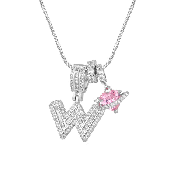  Iced Baguette Initial Necklace with Pink Heart Planet Charm - friendship necklace gift from Bestie Keepsake