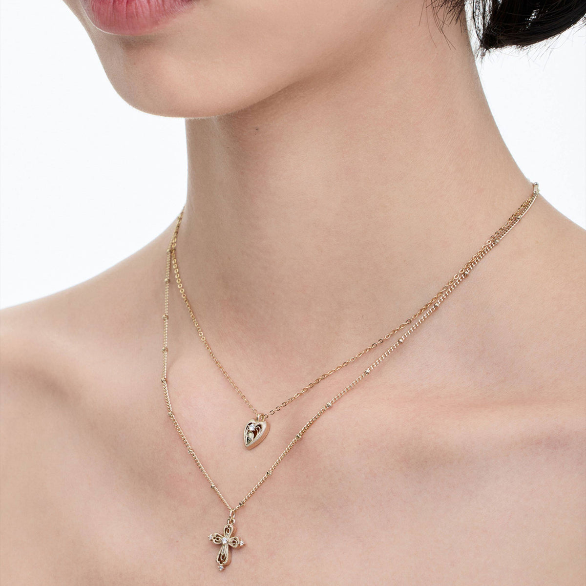  Lace Glimmer Heart & Cross Double Layer Necklace - friendship necklace gift from Bestie Keepsake