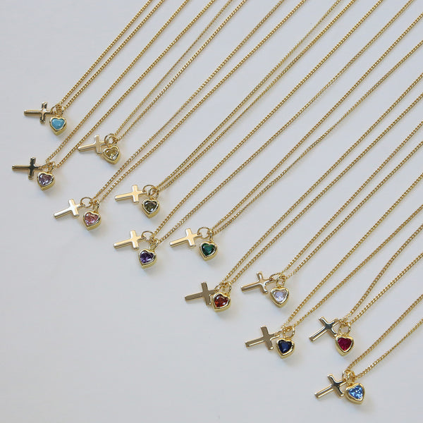  Heart Birthstone & Cross Pendant Necklace in Brass - friendship necklace gift from Bestie Keepsake