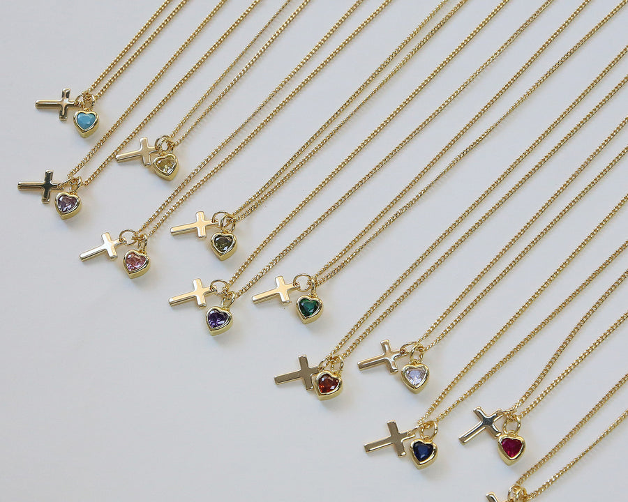  Heart Birthstone & Cross Pendant Necklace in Brass - friendship necklace gift from Bestie Keepsake
