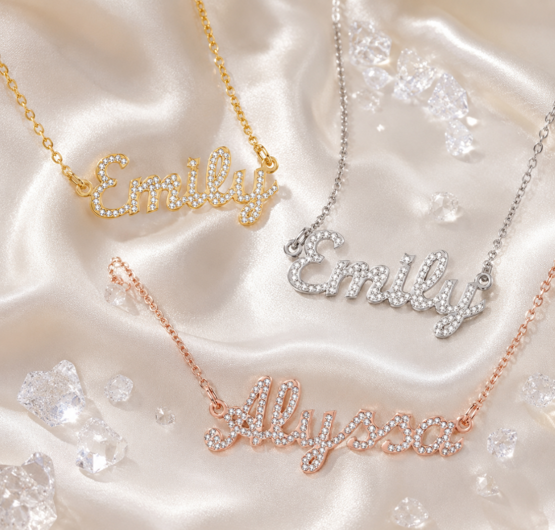  Crystalline Script Nameplate Necklace Stainless Steel - friendship necklace gift from Bestie Keepsake