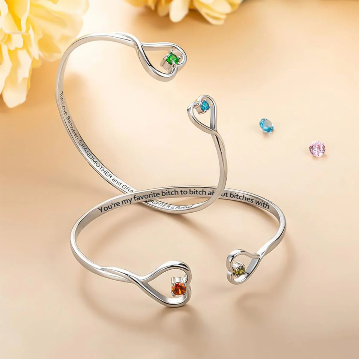  Double Heart Open Cuff Bracelet with Crystal - friendship necklace gift from Bestie Keepsake