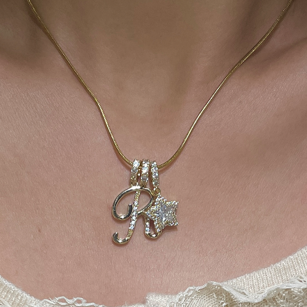  Ornate Initial and Star Charm Necklace in Stainless Steel - friendship necklace gift from Bestie Keepsake