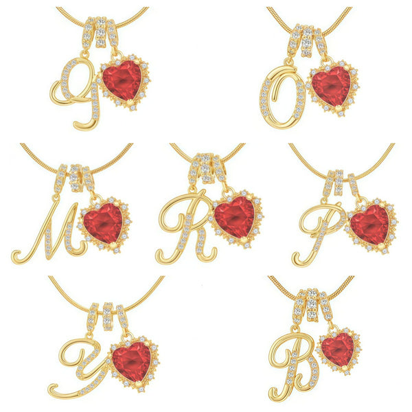  Ornate Script Initial & Red Heart Necklace in 18K Gold Plated - friendship necklace gift from Bestie Keepsake