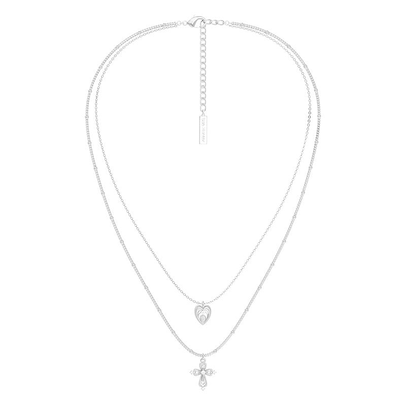  Lace Glimmer Heart & Cross Double Layer Necklace - friendship necklace gift from Bestie Keepsake