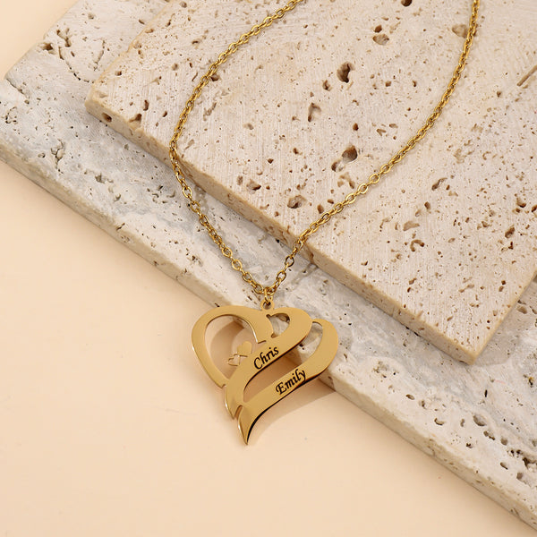  Interlocking Double Heart Engraved Necklace Stainless Steel - friendship necklace gift from Bestie Keepsake