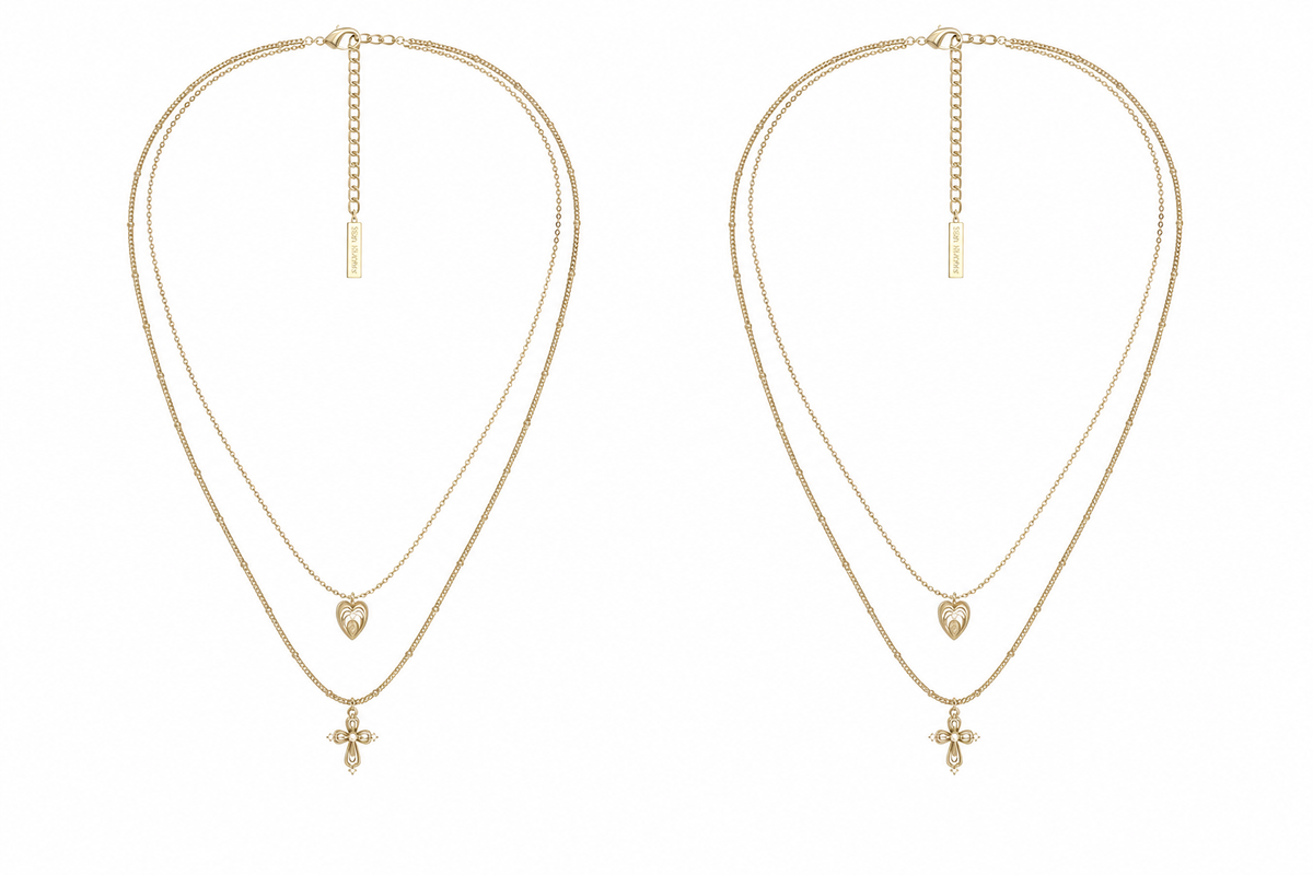  Lace Glimmer Heart & Cross Double Layer Necklace - friendship necklace gift from Bestie Keepsake