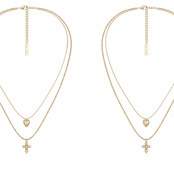  Lace Glimmer Heart & Cross Double Layer Necklace - friendship necklace gift from Bestie Keepsake