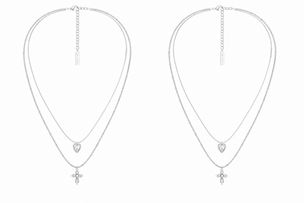  Lace Glimmer Heart & Cross Double Layer Necklace - friendship necklace gift from Bestie Keepsake