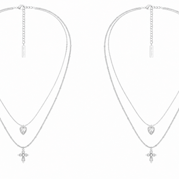  Lace Glimmer Heart & Cross Double Layer Necklace - friendship necklace gift from Bestie Keepsake