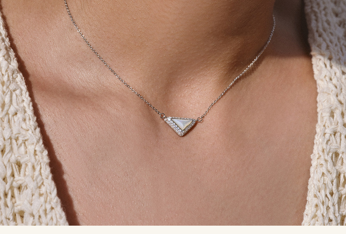  Delta Geometric Triangle Necklace with Stone Inlay - friendship necklace gift from Bestie Keepsake