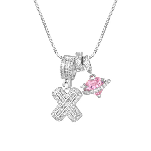  Iced Baguette Initial Necklace with Pink Heart Planet Charm - friendship necklace gift from Bestie Keepsake