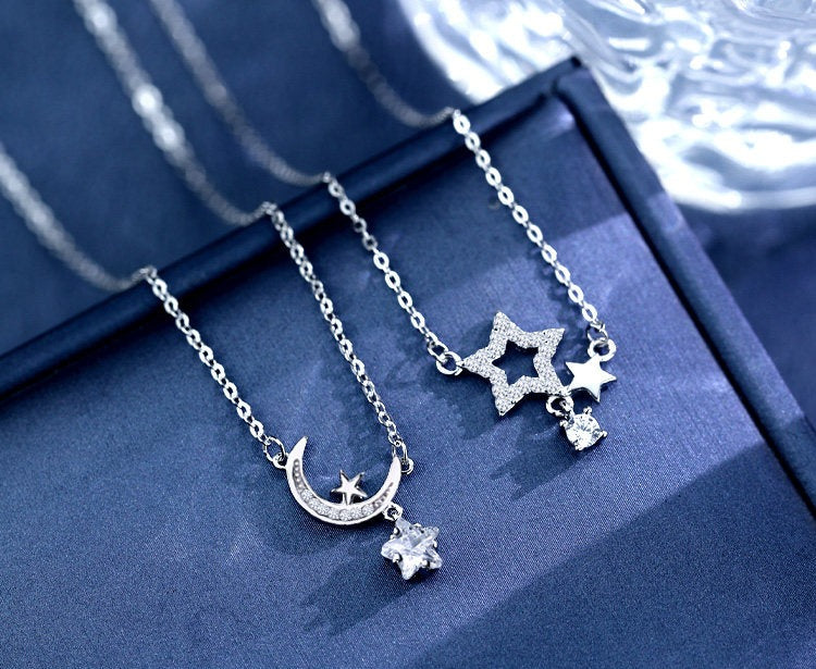 Celestial Star & Moon Pendant Necklace in Sterling Silver - friendship necklace gift from Bestie Keepsake