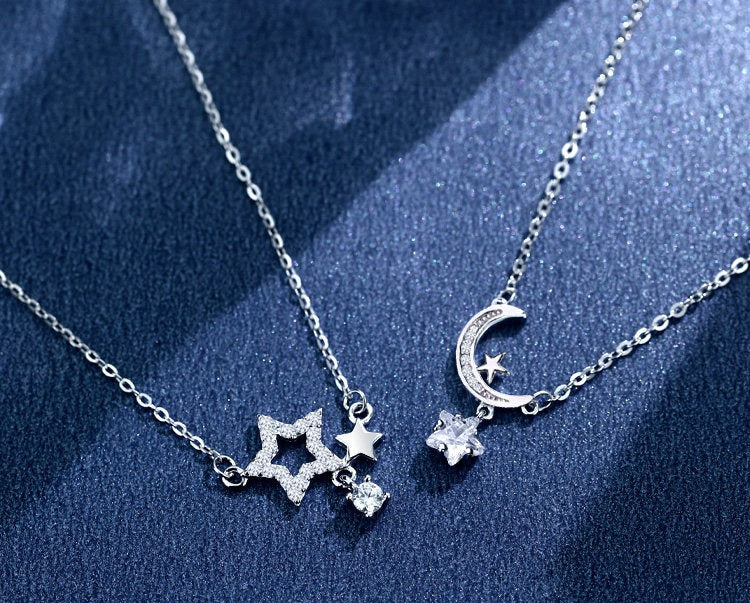  Celestial Star & Moon Pendant Necklace in Sterling Silver - friendship necklace gift from Bestie Keepsake