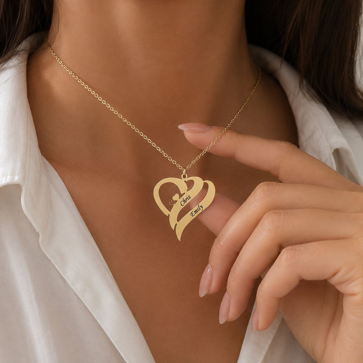  Interlocking Double Heart Engraved Necklace Stainless Steel - friendship necklace gift from Bestie Keepsake