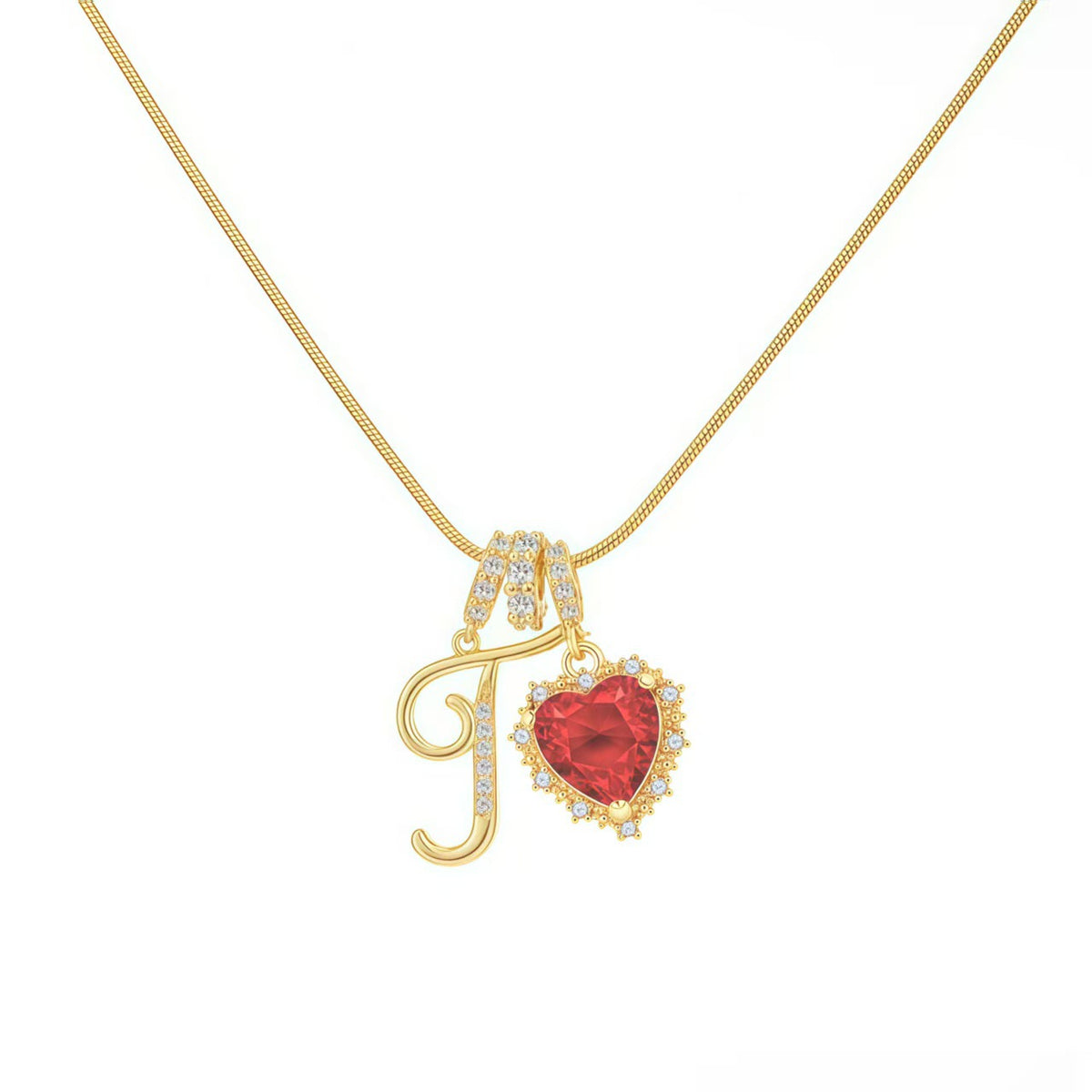  Ornate Script Initial & Red Heart Necklace in 18K Gold Plated - friendship necklace gift from Bestie Keepsake