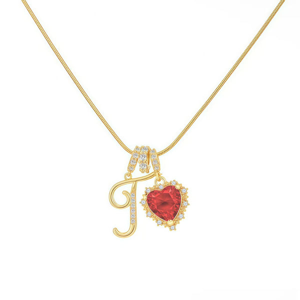  Ornate Script Initial & Red Heart Necklace in 18K Gold Plated - friendship necklace gift from Bestie Keepsake