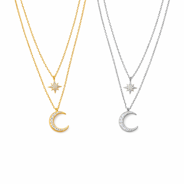  Star and Crescent Moon Layered Necklace in Brass - friendship necklace gift from Bestie Keepsake