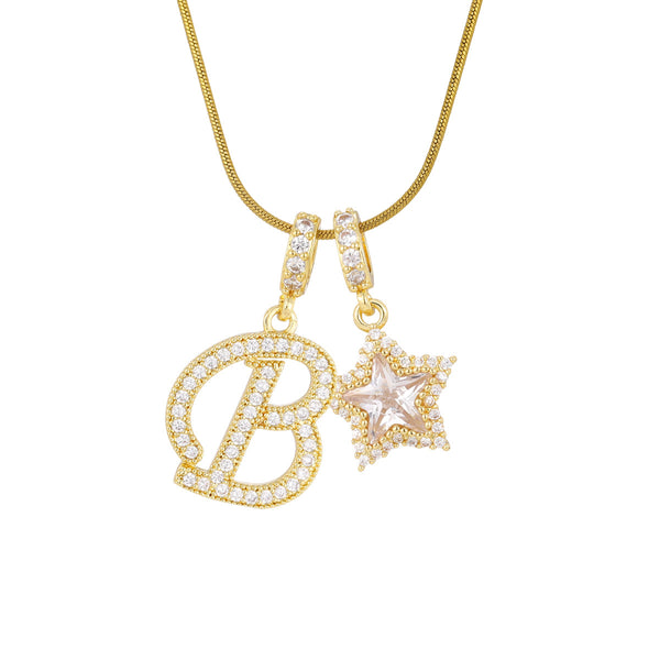  Pave Initial and Star Charm Necklace in 18K Gold Plated Brass - friendship necklace gift from Bestie Keepsake