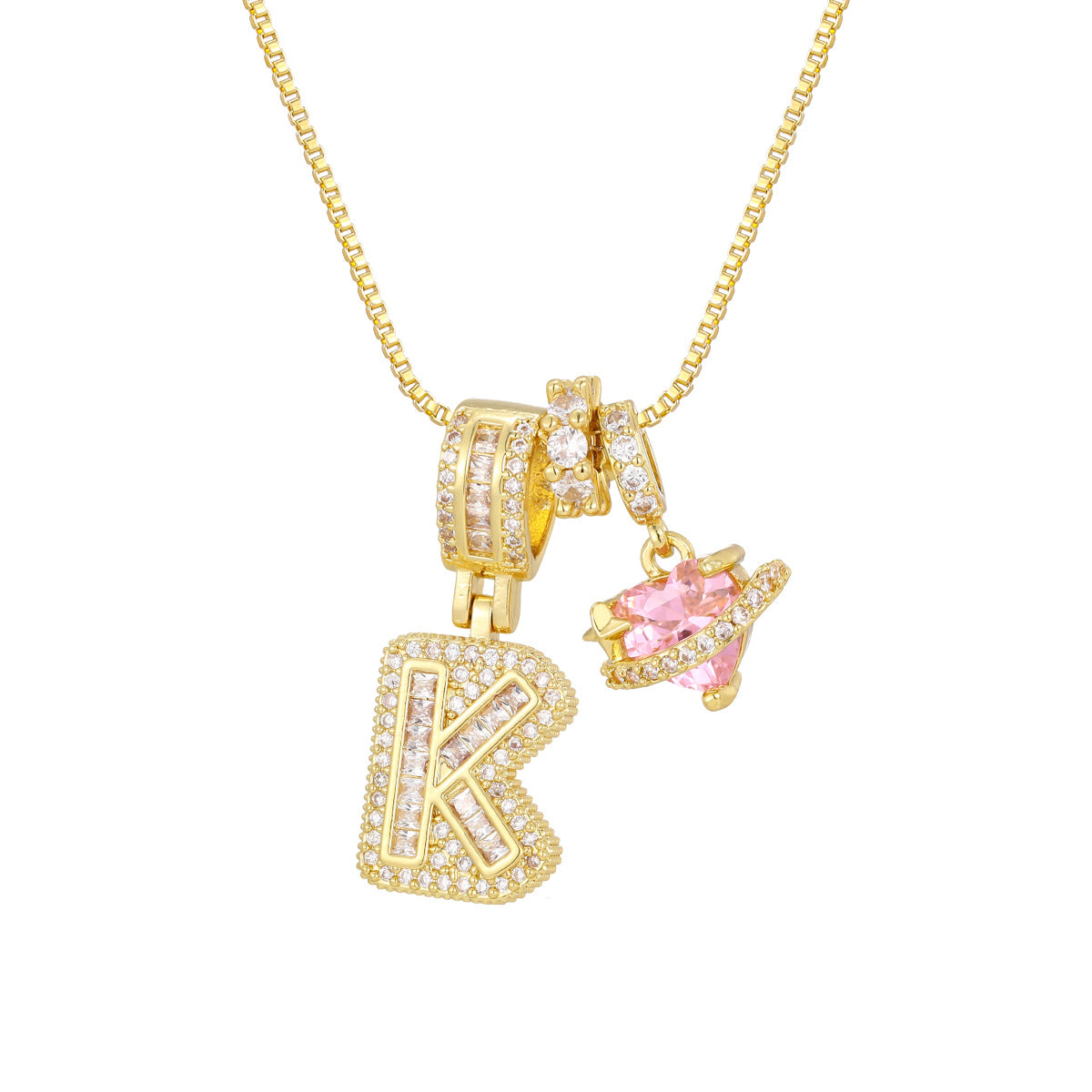  Iced Baguette Initial Necklace with Pink Heart Planet Charm - friendship necklace gift from Bestie Keepsake