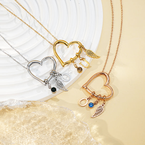  Open Heart Initial and Birthstone Necklace Stainless Steel - friendship necklace gift from Bestie Keepsake