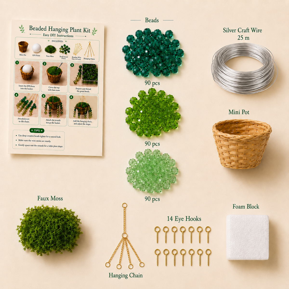 Materials included in the classic green beaded hanging plant DIY kit with silver craft wire and 14 eye hooks