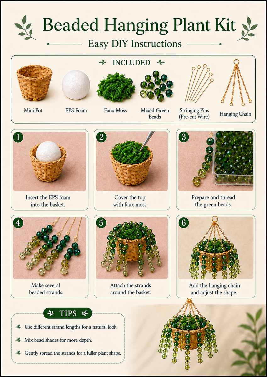 Beginner-friendly instructions for the classic green beaded hanging plant DIY kit