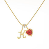  Ornate Script Initial & Red Heart Necklace in 18K Gold Plated - friendship necklace gift from Bestie Keepsake