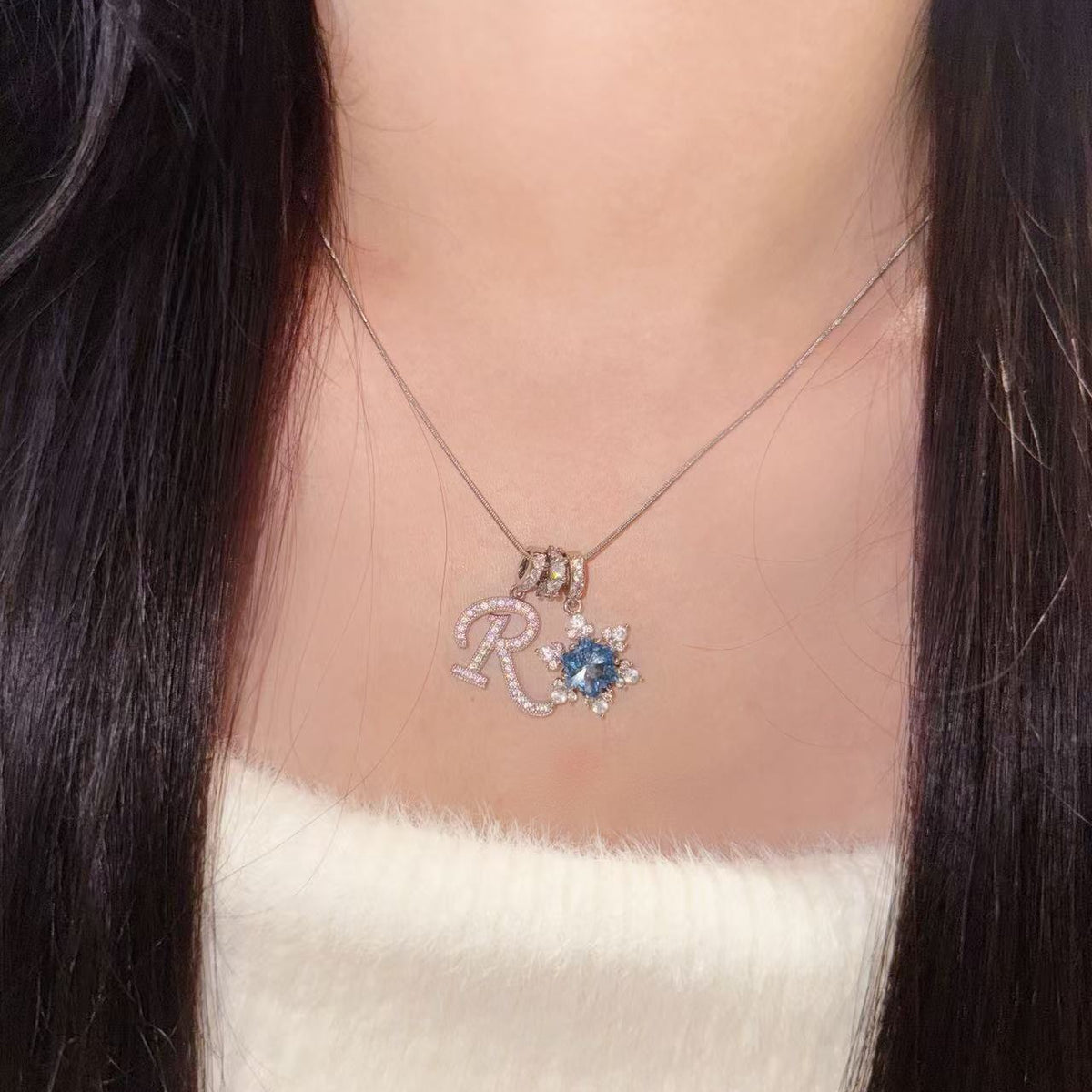 Pavé Initial and Blue Crystal Bloom Necklace - friendship necklace gift from Bestie Keepsake
