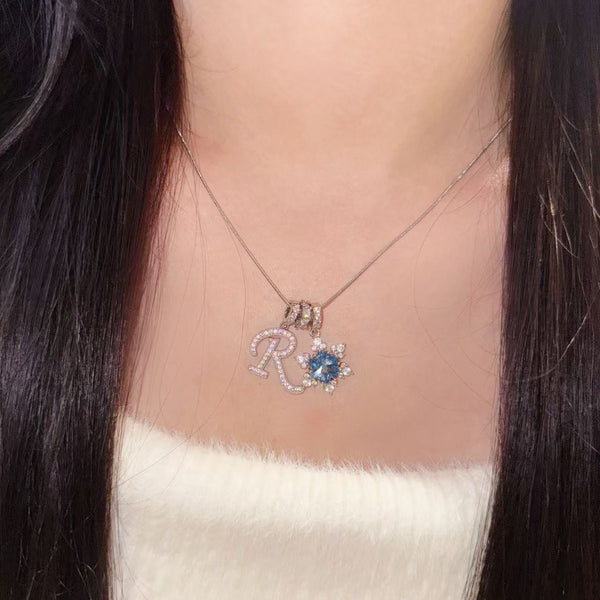  Pavé Initial and Blue Crystal Bloom Necklace - friendship necklace gift from Bestie Keepsake