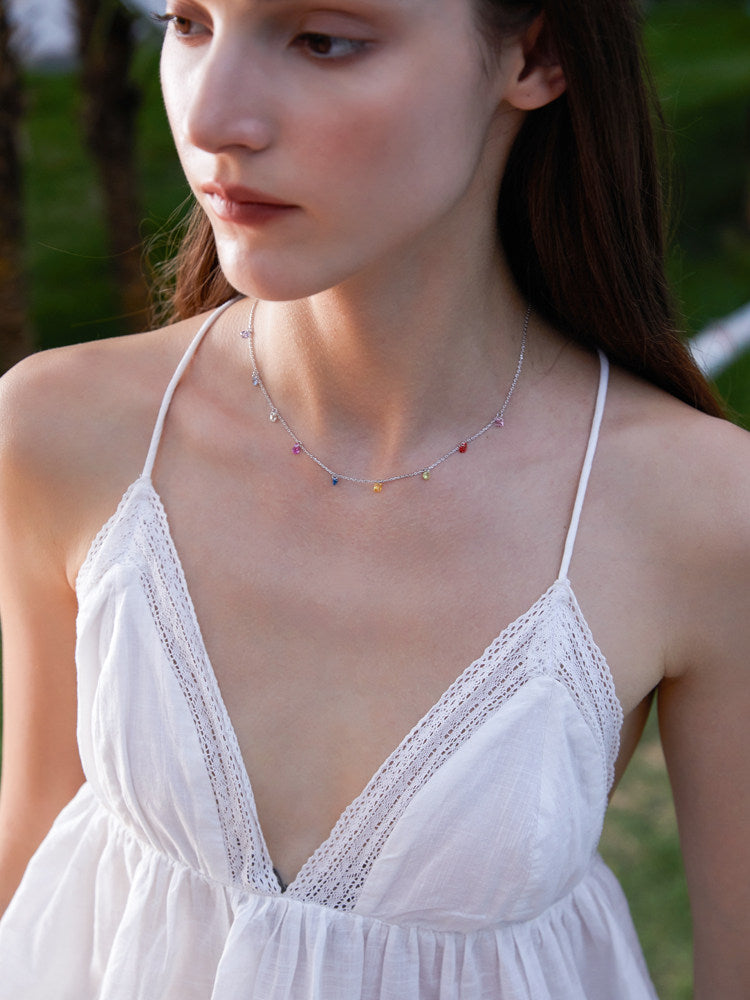  Rainbow CZ Charm Station Jewelry 18K Gold Plated - friendship necklace gift from Bestie Keepsake
