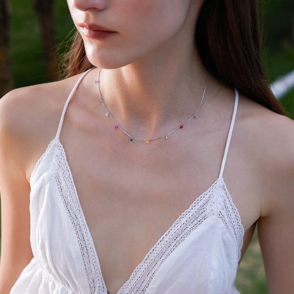  Rainbow CZ Charm Station Jewelry 18K Gold Plated - friendship necklace gift from Bestie Keepsake