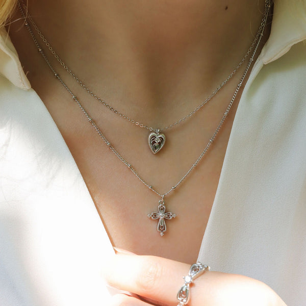  Lace Glimmer Heart & Cross Double Layer Necklace - friendship necklace gift from Bestie Keepsake
