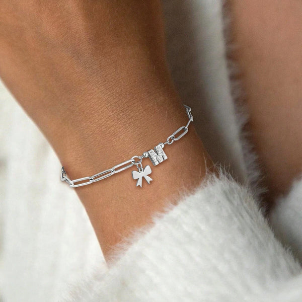  Bow & Pavé Initial Paperclip Bracelet Stainless Steel - friendship necklace gift from Bestie Keepsake