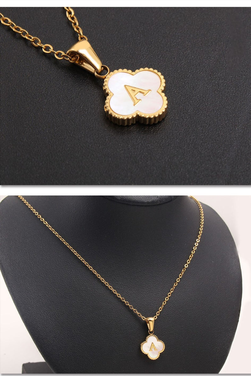  Clover Initial Shell Necklace in 18K Gold Plated Stainless Steel - friendship necklace gift from Bestie Keepsake
