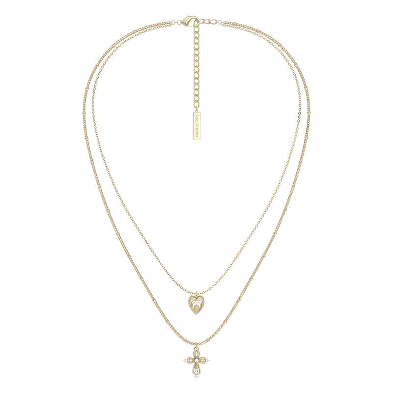  Lace Glimmer Heart & Cross Double Layer Necklace - friendship necklace gift from Bestie Keepsake