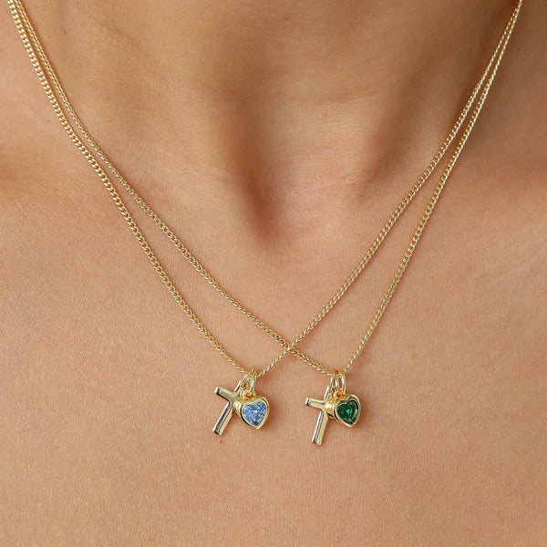  Heart Birthstone & Cross Pendant Necklace in Brass - friendship necklace gift from Bestie Keepsake