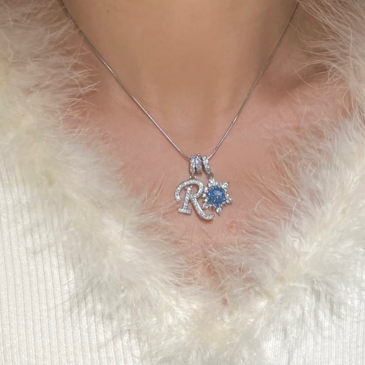 Pavé Initial and Blue Crystal Bloom Necklace - friendship necklace gift from Bestie Keepsake