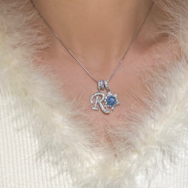  Pavé Initial and Blue Crystal Bloom Necklace - friendship necklace gift from Bestie Keepsake