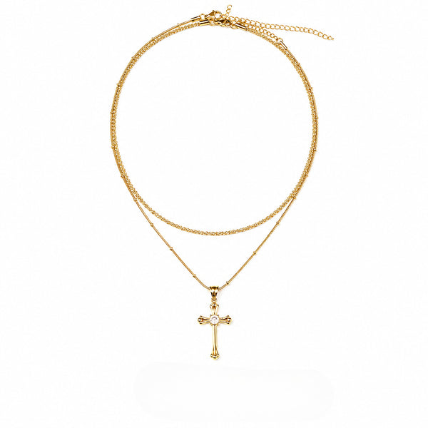  Vintage Ornate Cross Layered Necklace Set Titanium Steel - friendship necklace gift from Bestie Keepsake