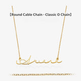 Gold necklace with 'friend' pendant and round cable chain on a white background