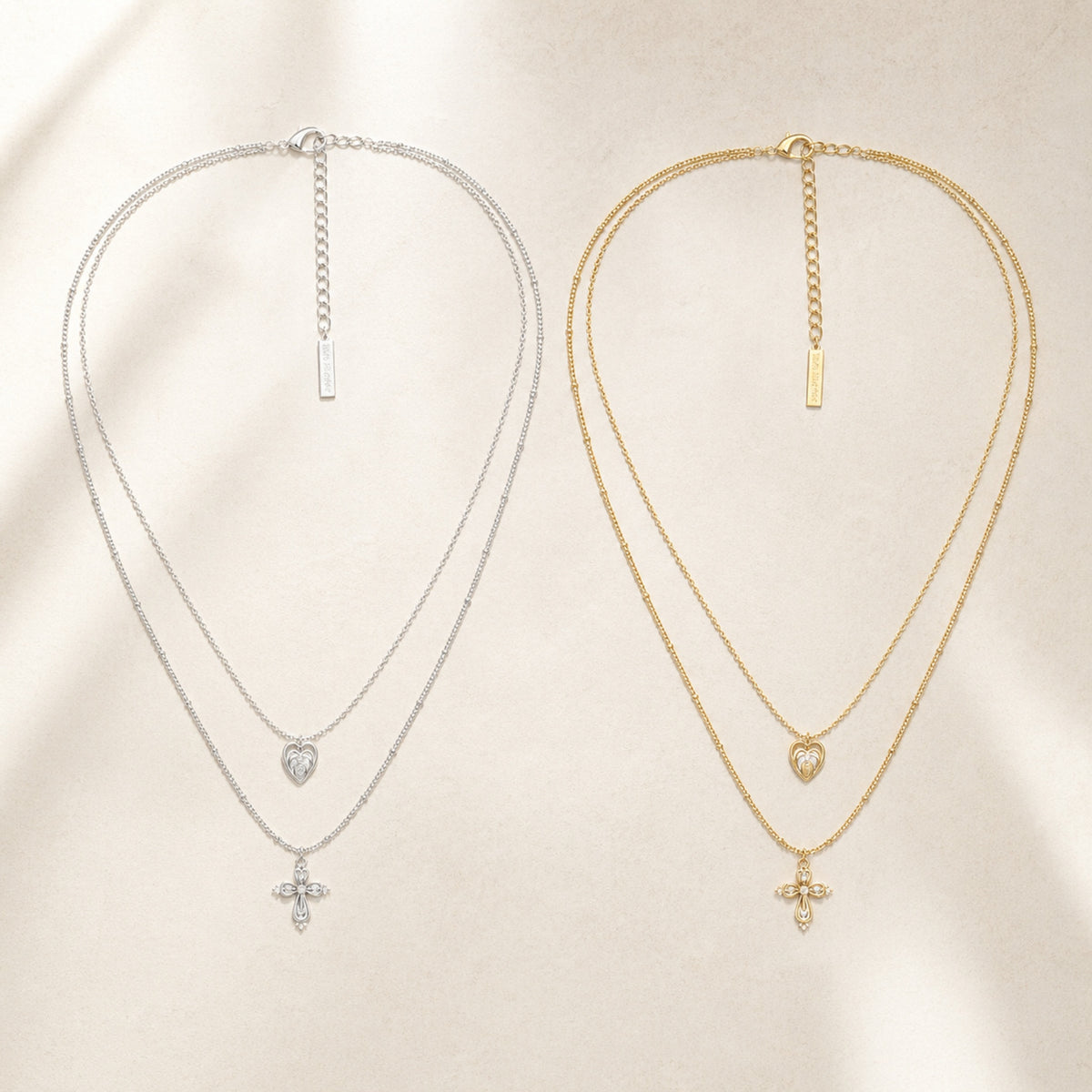  Lace Glimmer Heart & Cross Double Layer Necklace - friendship necklace gift from Bestie Keepsake