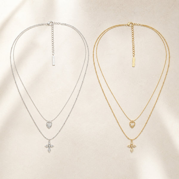  Lace Glimmer Heart & Cross Double Layer Necklace - friendship necklace gift from Bestie Keepsake