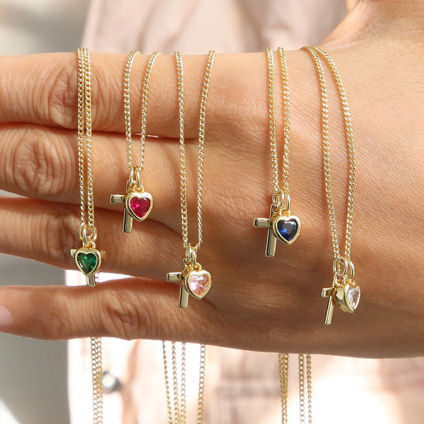  Heart Birthstone & Cross Pendant Necklace in Brass - friendship necklace gift from Bestie Keepsake