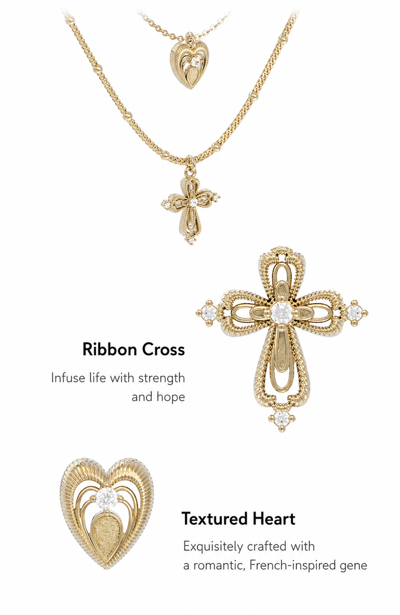  Lace Glimmer Heart & Cross Double Layer Necklace - friendship necklace gift from Bestie Keepsake