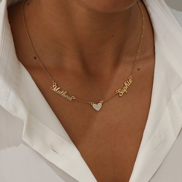  Script Multi-Name & Pave Heart Necklace in Stainless Steel - friendship necklace gift from Bestie Keepsake