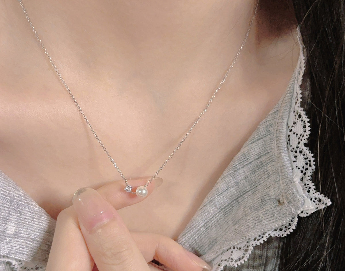  Dainty Pearl & Zirconia 925 Sterling Silver Necklace - friendship necklace gift from Bestie Keepsake